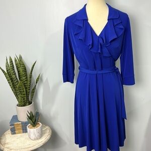 SANDRA DARREN 3/4 Sleeve Ruffle Collared Blue Dress Size 8